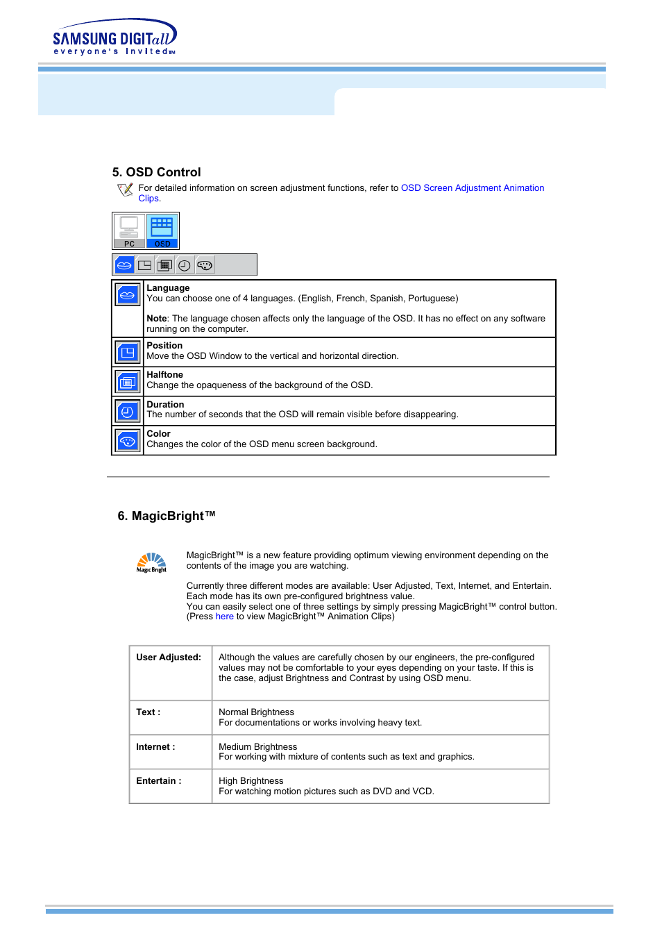 On-screen display, Osd control, Magicbright | Samsung MH15NSSS-XAX User Manual | Page 35 / 61