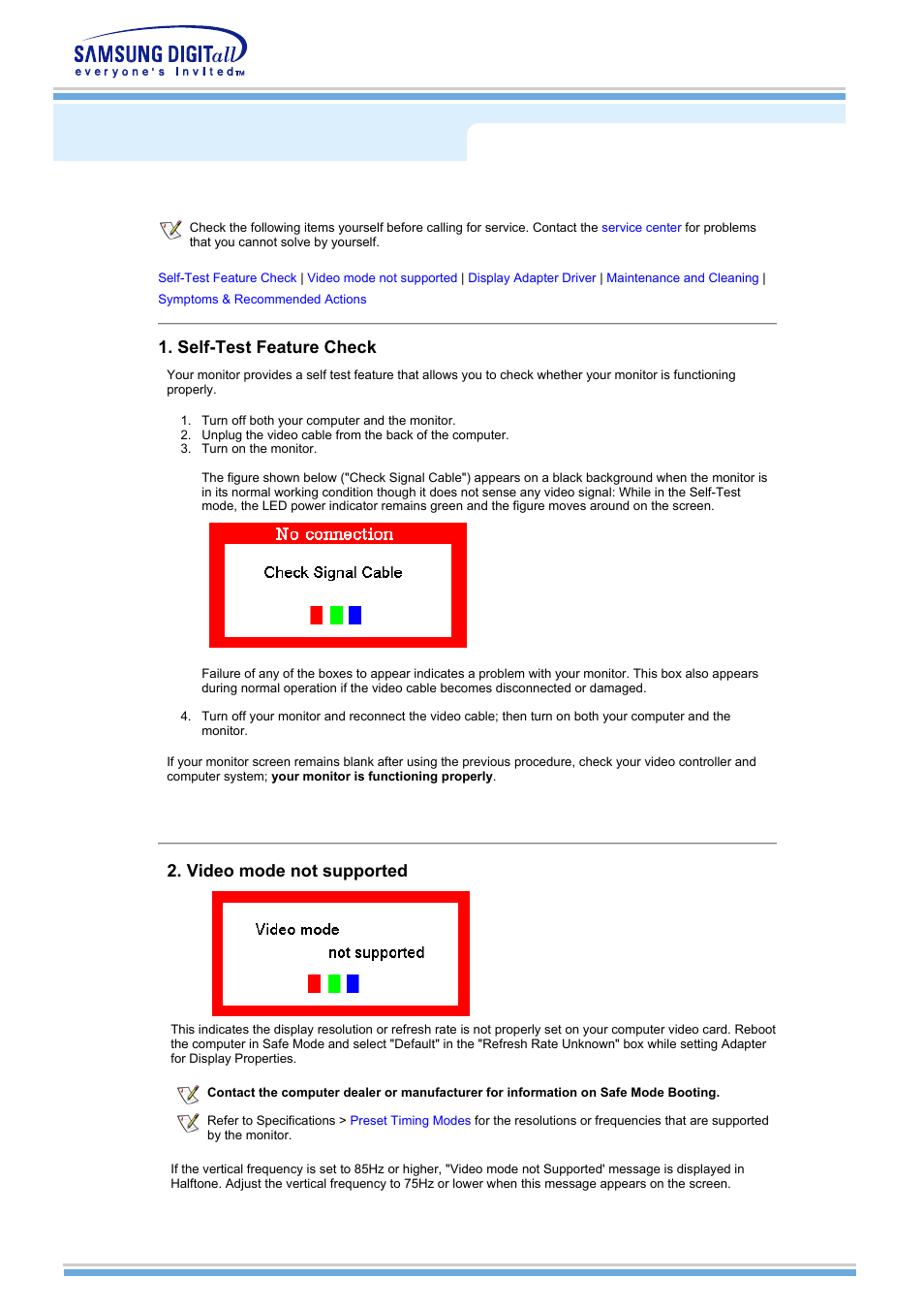 Troubleshooting, Check before calling for service, 케이블 연결 | Self-test feature check, Video mode not supported | Samsung MH15NSSS-XAX User Manual | Page 36 / 61