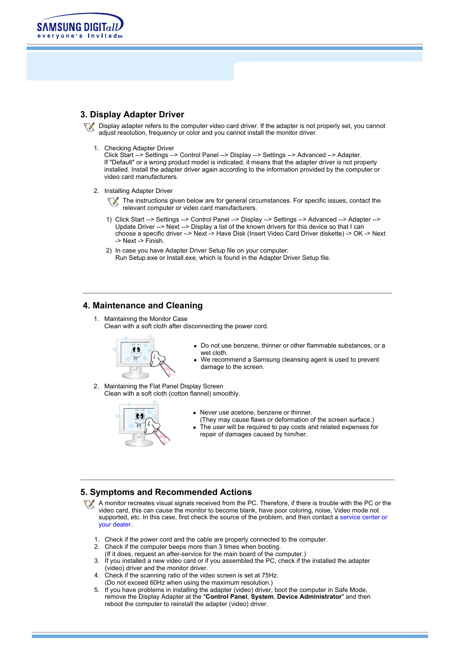 Check before calling for service, Display adapter driver, Maintenance and cleaning | Symptoms and recommended actions | Samsung MH15NSSS-XAX User Manual | Page 37 / 61