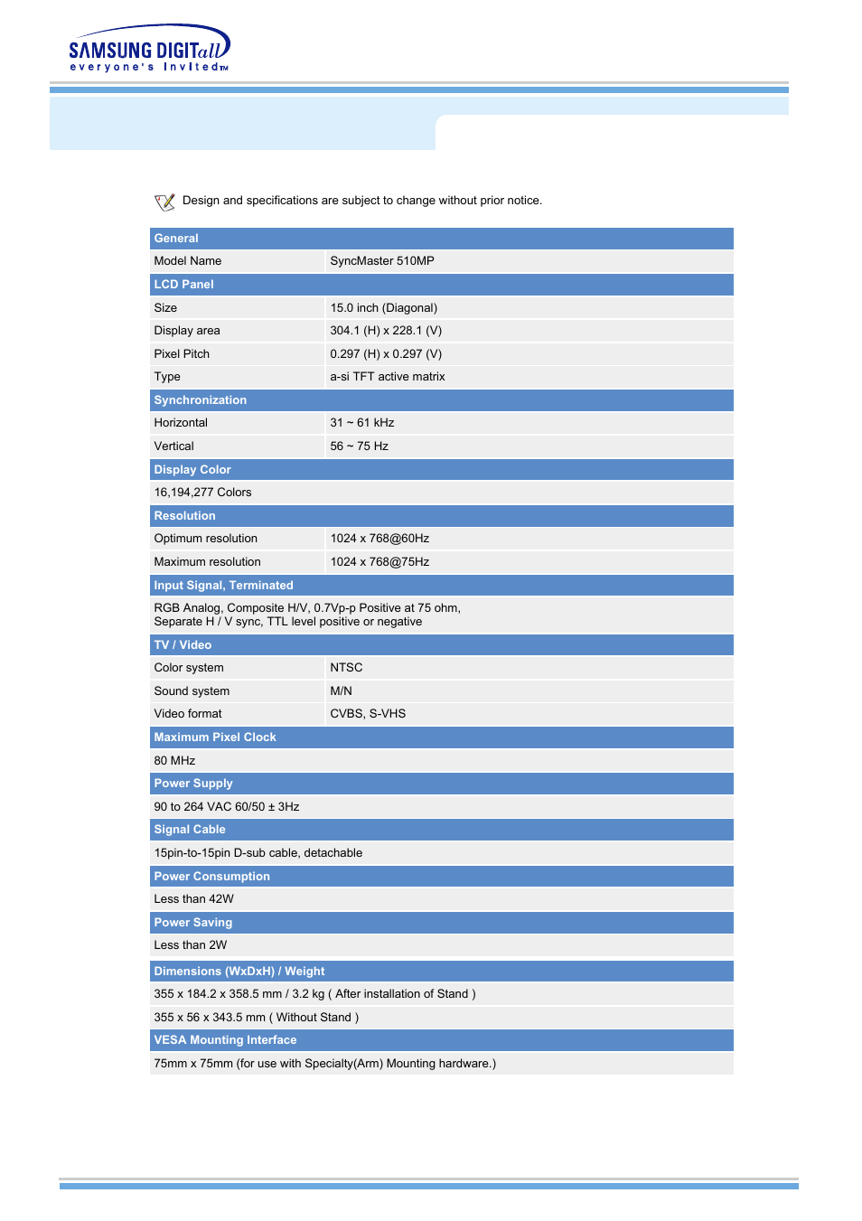 Specifications, General specifications, Syncmaster 510mp | Samsung MH15NSSS-XAX User Manual | Page 41 / 61