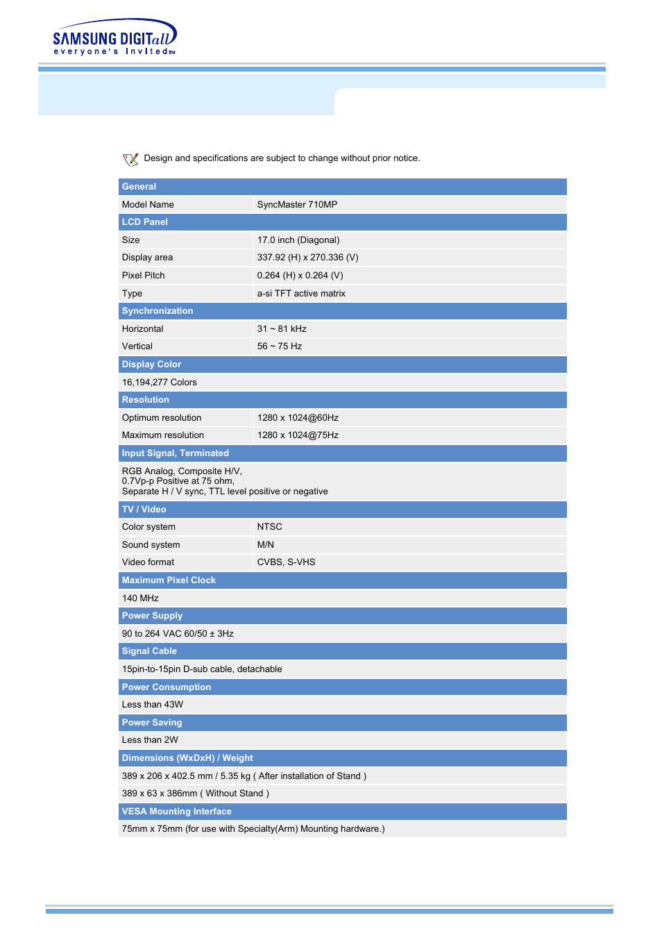 General specifications, Syncmaster 710mp | Samsung MH15NSSS-XAX User Manual | Page 43 / 61