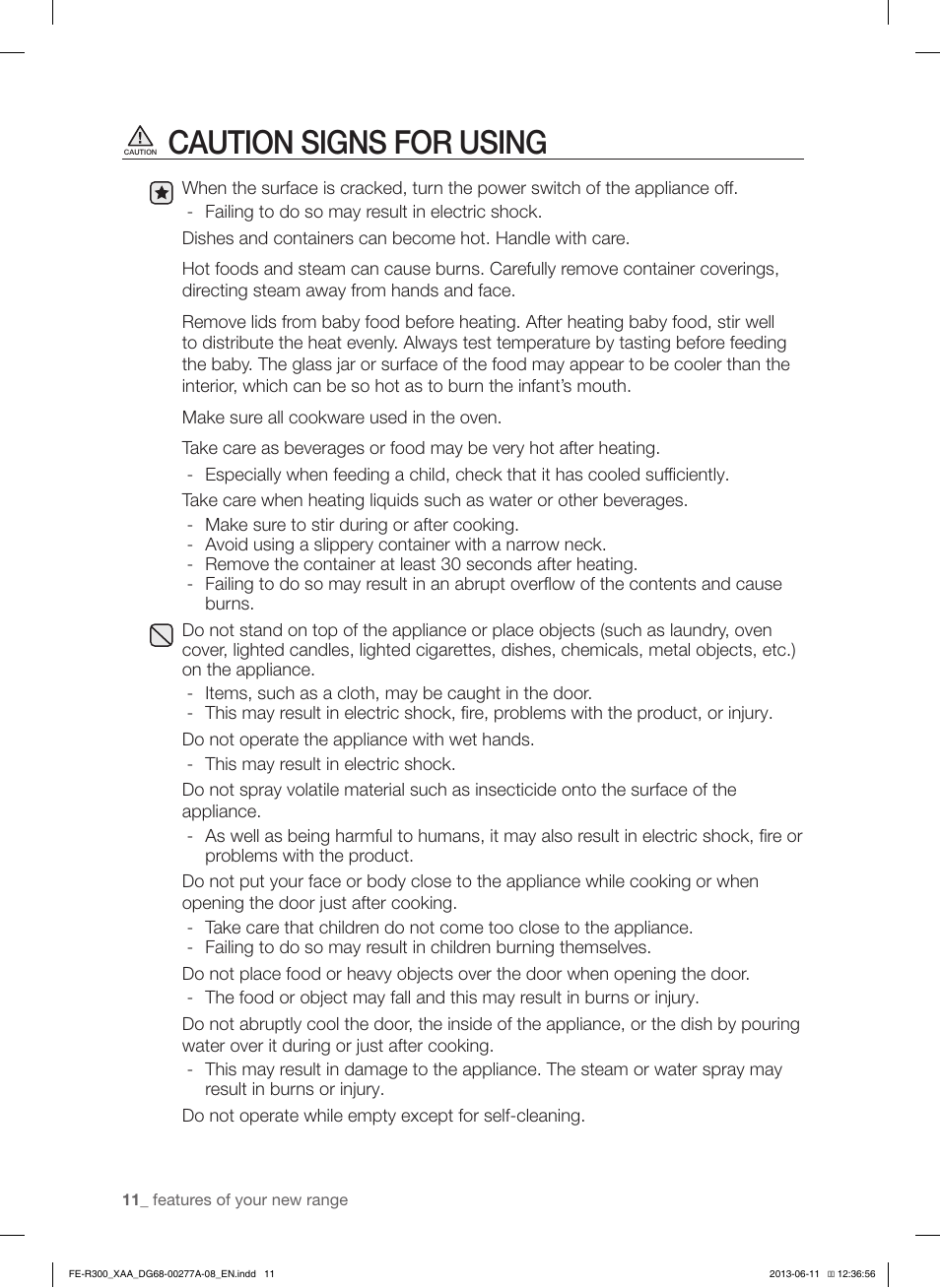 Caution signs for using | Samsung FE-R300SX-XAA User Manual | Page 12 / 44