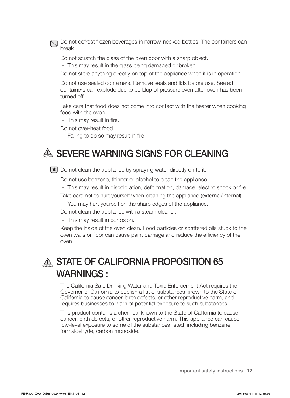 Severe warning signs for cleaning, State of california proposition 65 warnings | Samsung FE-R300SX-XAA User Manual | Page 13 / 44