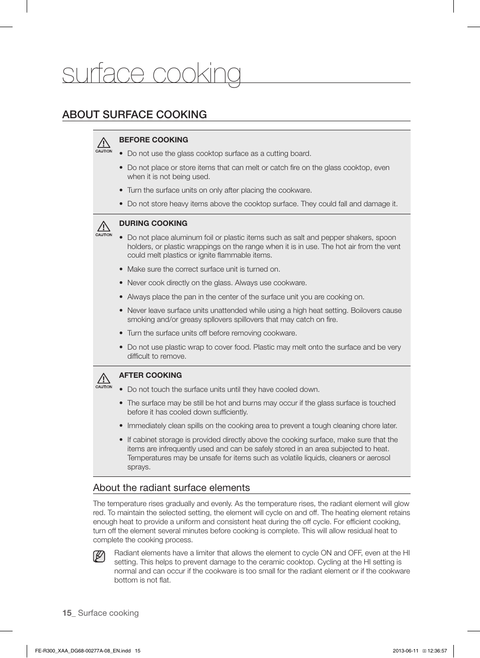 Surface cooking, About surface cooking, About the radiant surface elements | Samsung FE-R300SX-XAA User Manual | Page 16 / 44