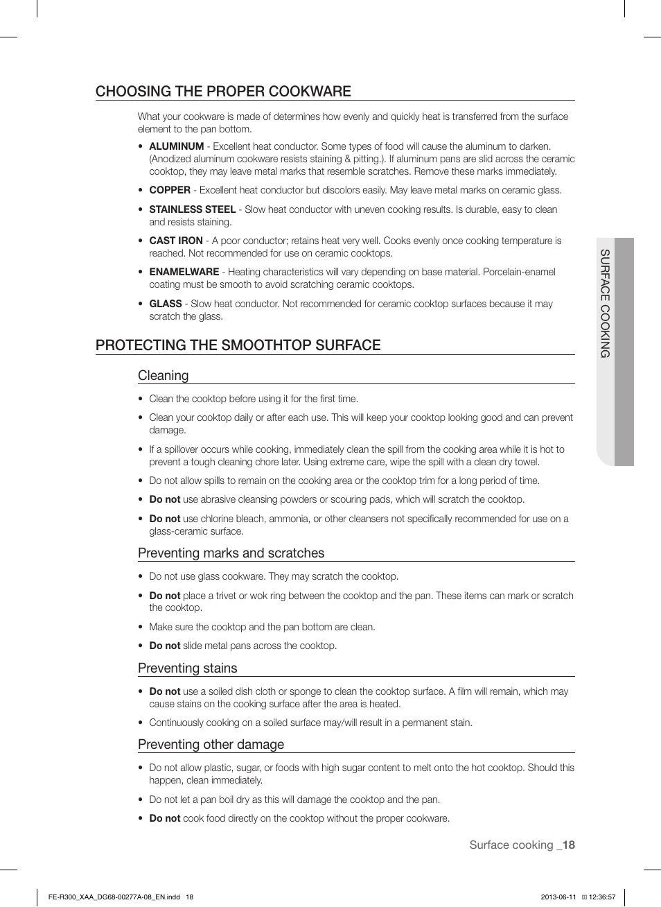 Choosing the proper cookware, Protecting the smoothtop surface, Cleaning | Preventing marks and scratches, Preventing stains, Preventing other damage | Samsung FE-R300SX-XAA User Manual | Page 19 / 44