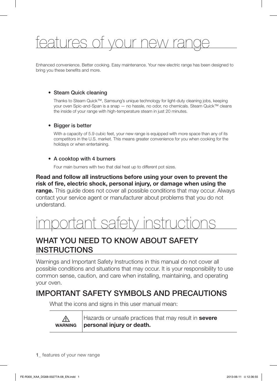 Features of your new range, Important safety instructions, What you need to know about safety instructions | Important safety symbols and precautions | Samsung FE-R300SX-XAA User Manual | Page 2 / 44