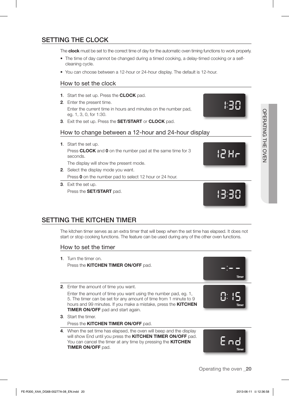 Setting the clock, Setting the kitchen timer, How to set the clock | How to set the timer | Samsung FE-R300SX-XAA User Manual | Page 21 / 44