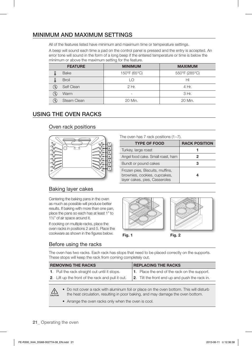 Minimum and maximum settings, Using the oven racks, Oven rack positions | Baking layer cakes, Before using the racks | Samsung FE-R300SX-XAA User Manual | Page 22 / 44