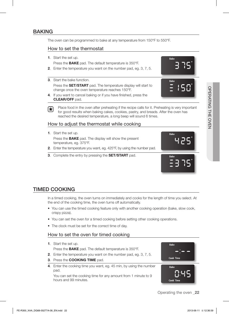 Baking, Timed cooking, How to set the thermostat | How to adjust the thermostat while cooking, How to set the oven for timed cooking | Samsung FE-R300SX-XAA User Manual | Page 23 / 44