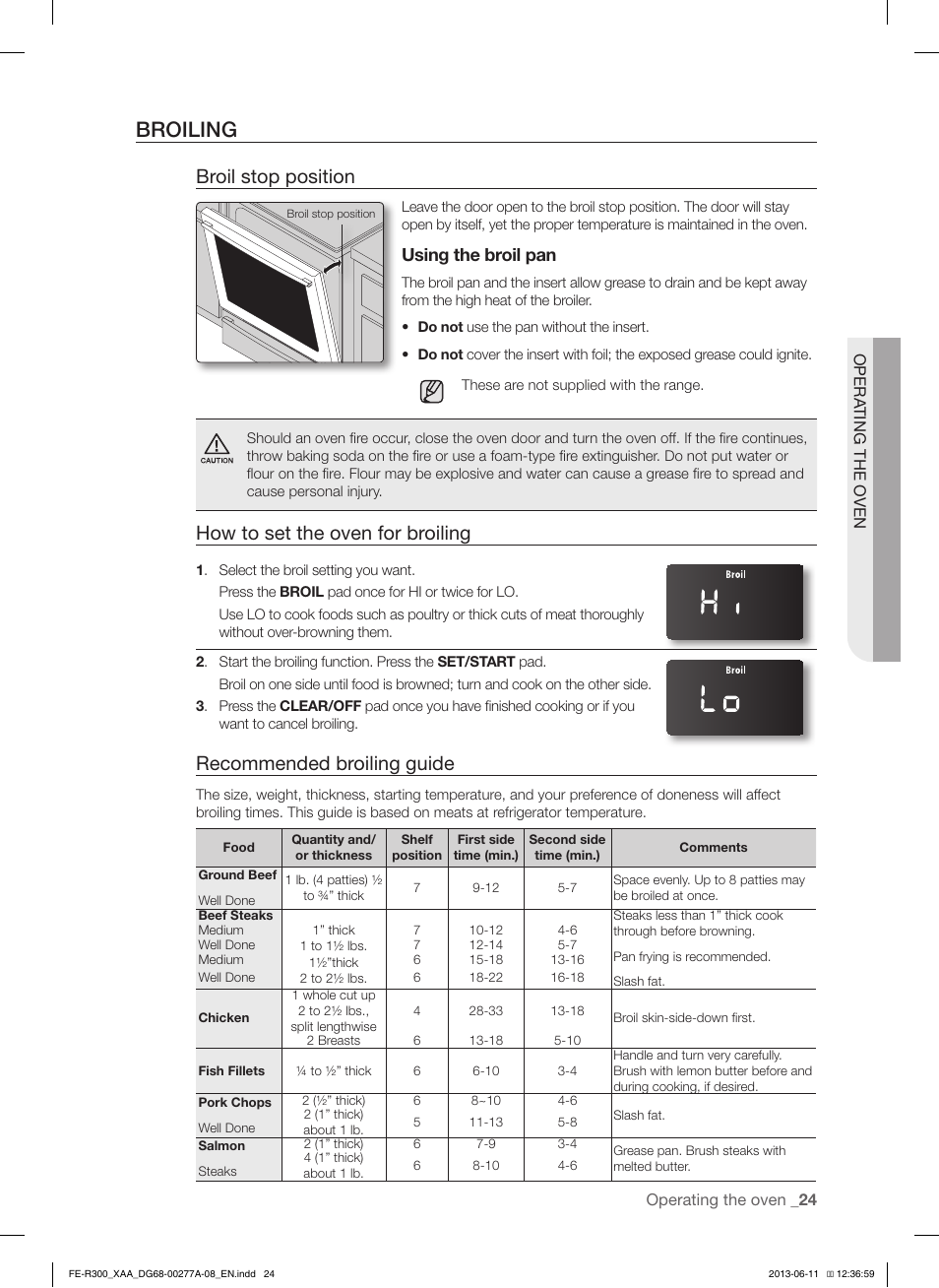 Broiling, Broil stop position, How to set the oven for broiling | Recommended broiling guide, Using the broil pan | Samsung FE-R300SX-XAA User Manual | Page 25 / 44