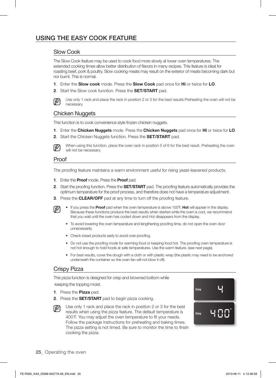 Using the easy cook feature, Slow cook, Chicken nuggets | Proof, Crispy pizza | Samsung FE-R300SX-XAA User Manual | Page 26 / 44