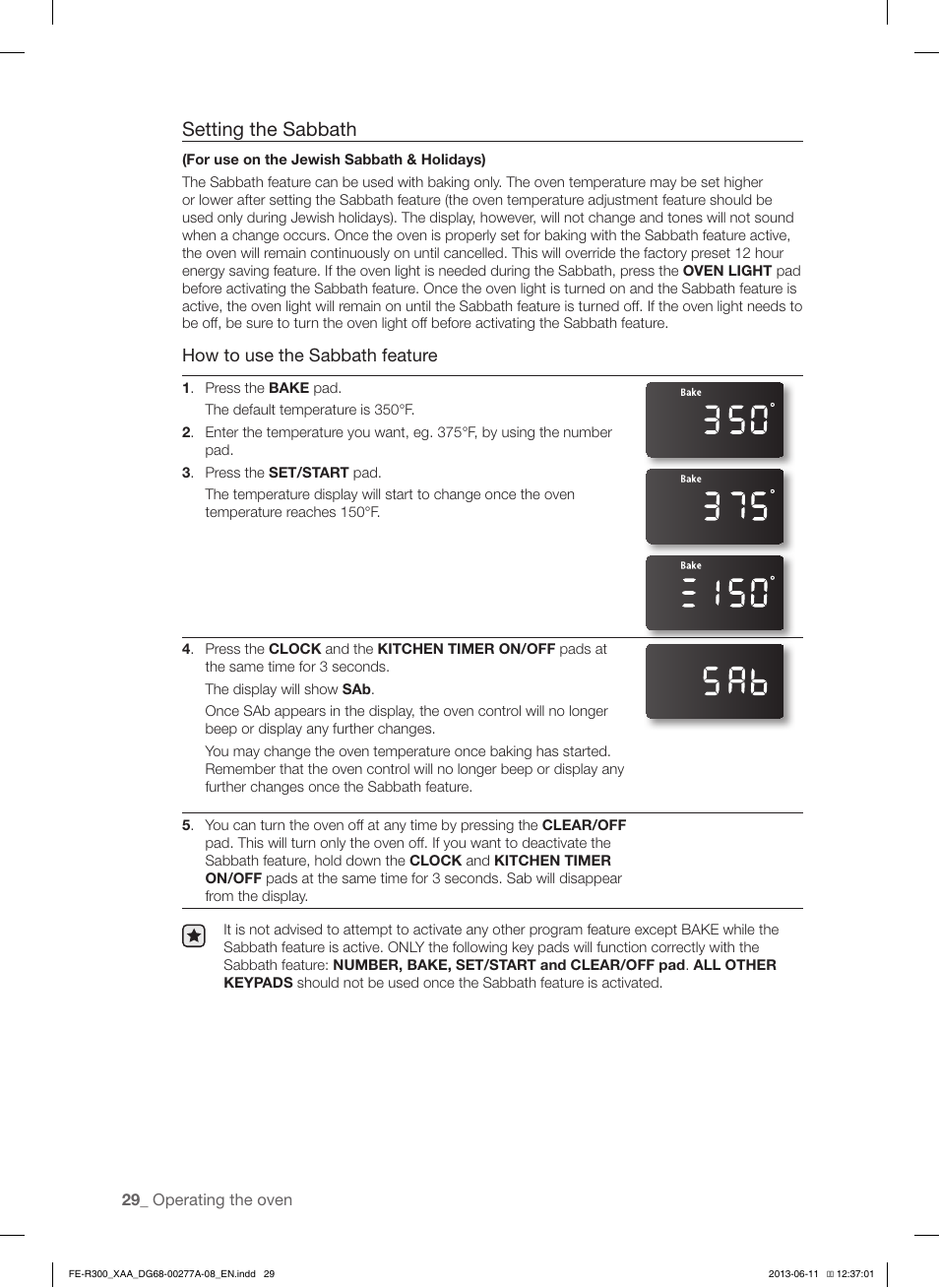 Setting the sabbath, How to use the sabbath feature | Samsung FE-R300SX-XAA User Manual | Page 30 / 44