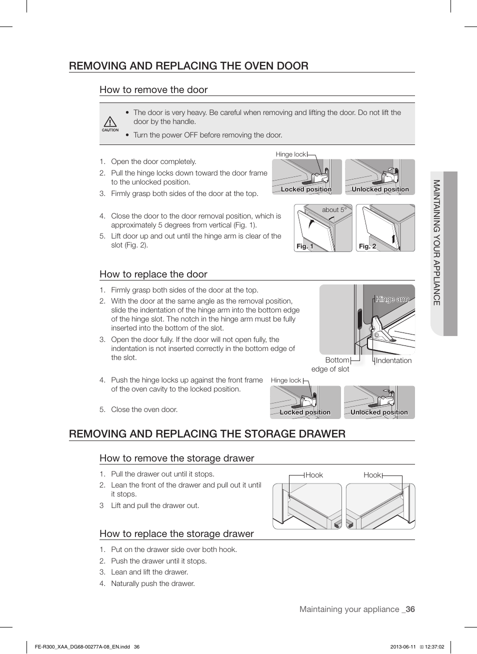 Removing and replacing the oven door, Removing and replacing the storage drawer, How to remove the door | How to replace the door, How to remove the storage drawer, How to replace the storage drawer | Samsung FE-R300SX-XAA User Manual | Page 37 / 44