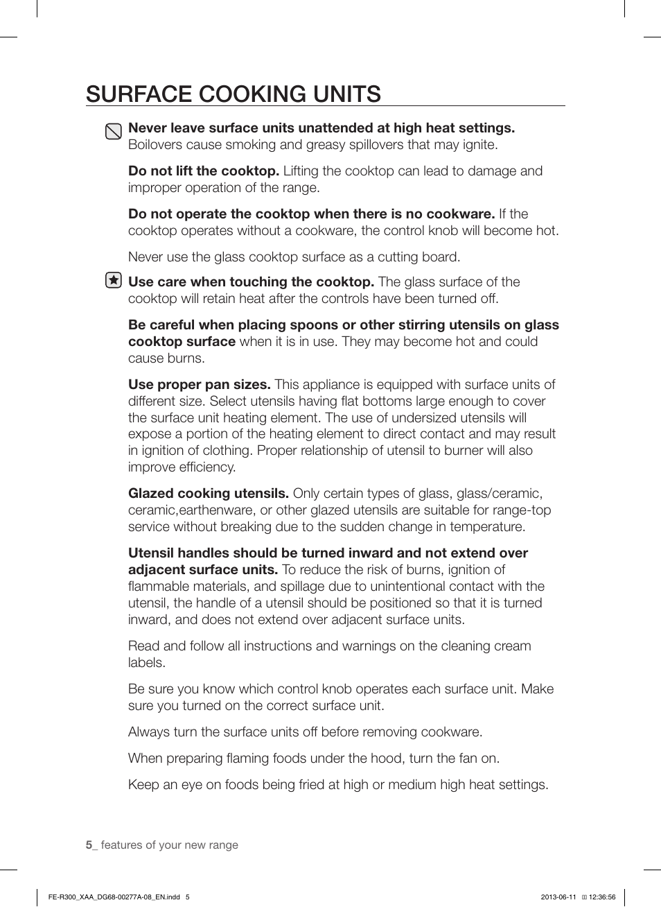 Surface cooking units | Samsung FE-R300SX-XAA User Manual | Page 6 / 44
