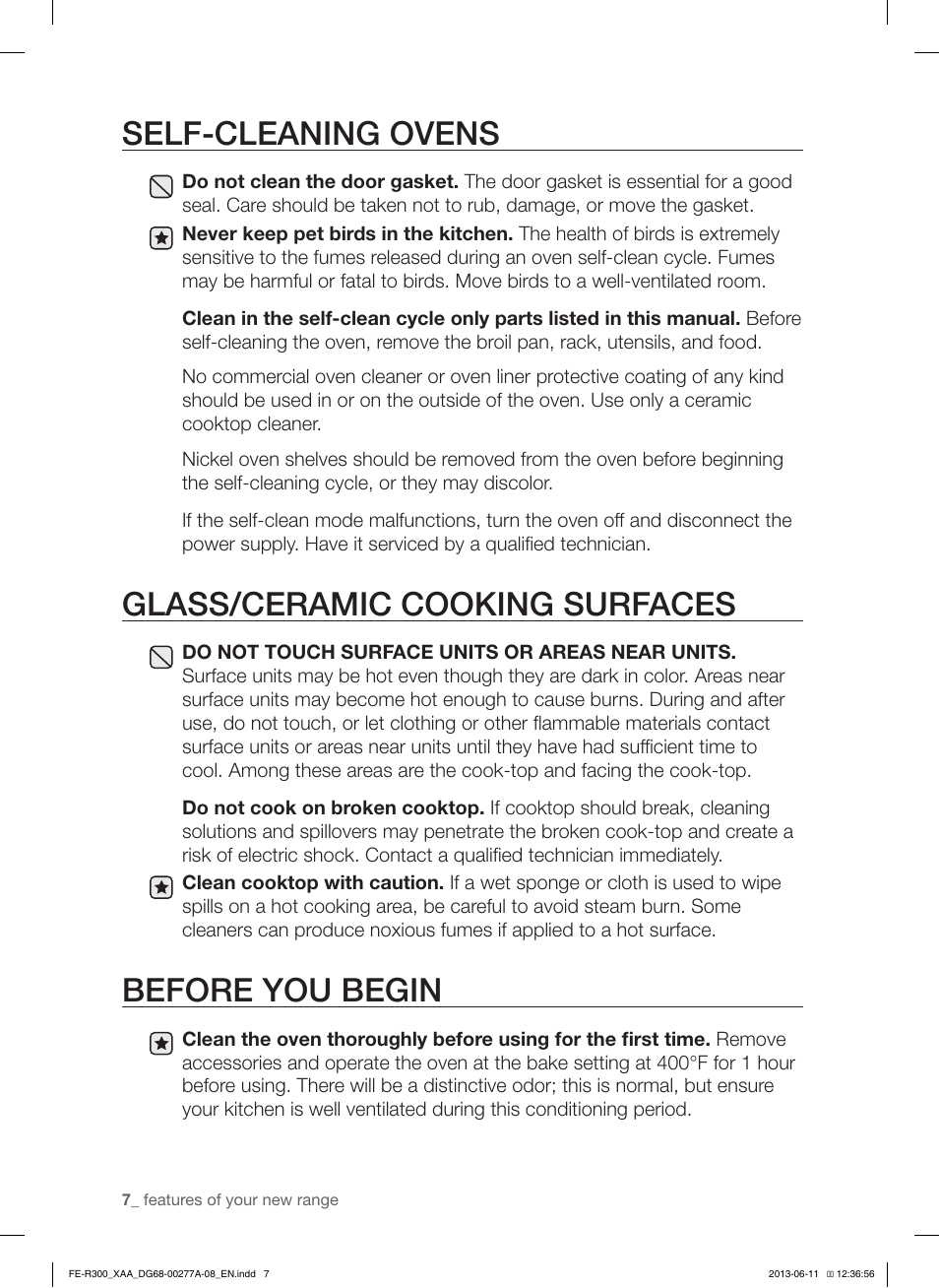 Self-cleaning ovens, Glass/ceramic cooking surfaces, Before you begin | Samsung FE-R300SX-XAA User Manual | Page 8 / 44