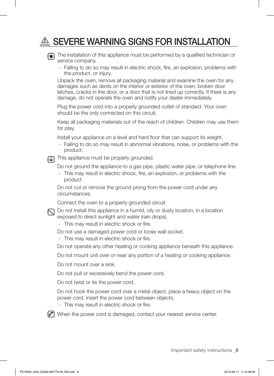 Severe warning signs for installation | Samsung FE-R300SX-XAA User Manual | Page 9 / 44