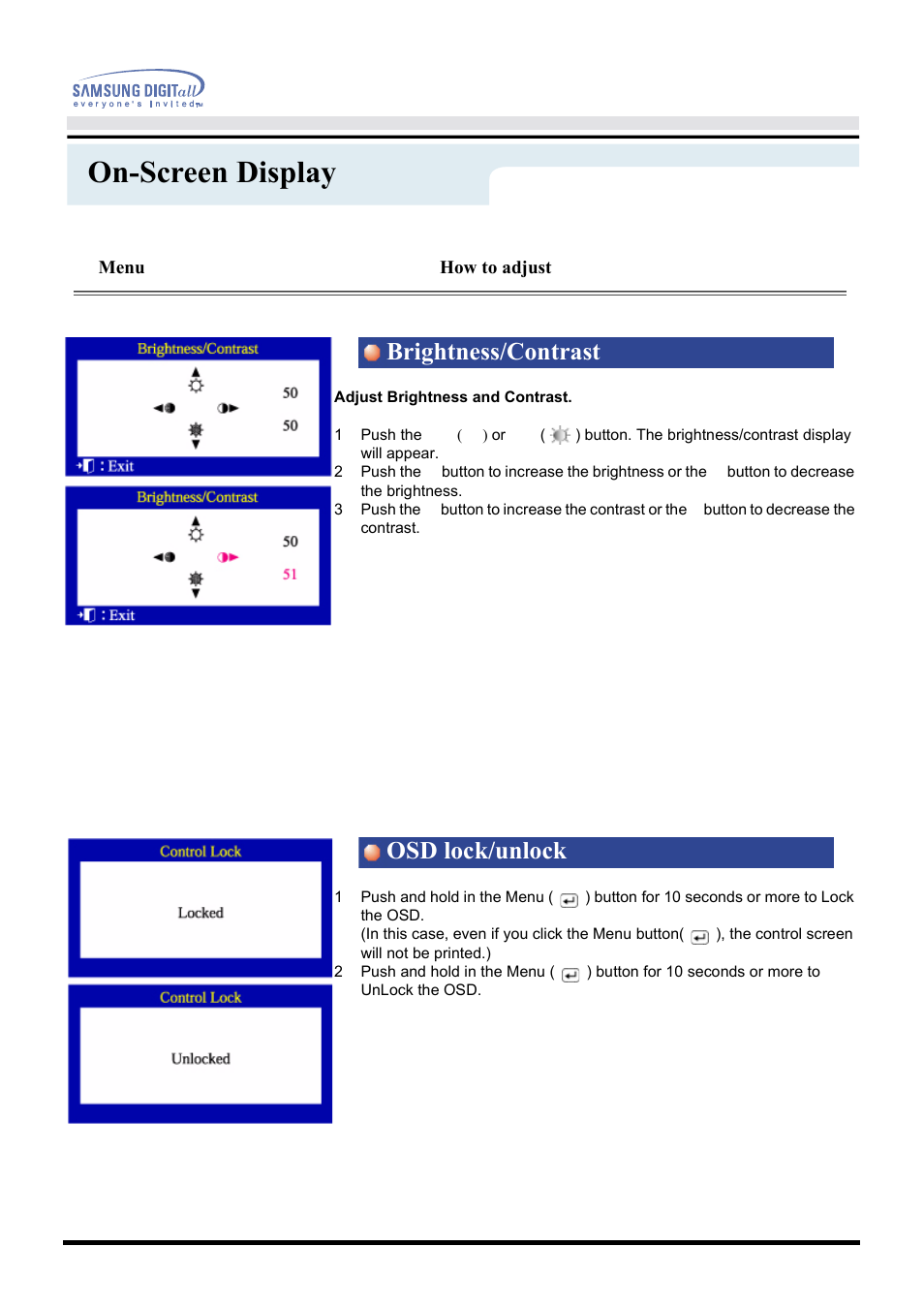 On-screen display, Brightness/contrast osd lock/unlock | Samsung CF21MSBU-XBM User Manual | Page 24 / 58