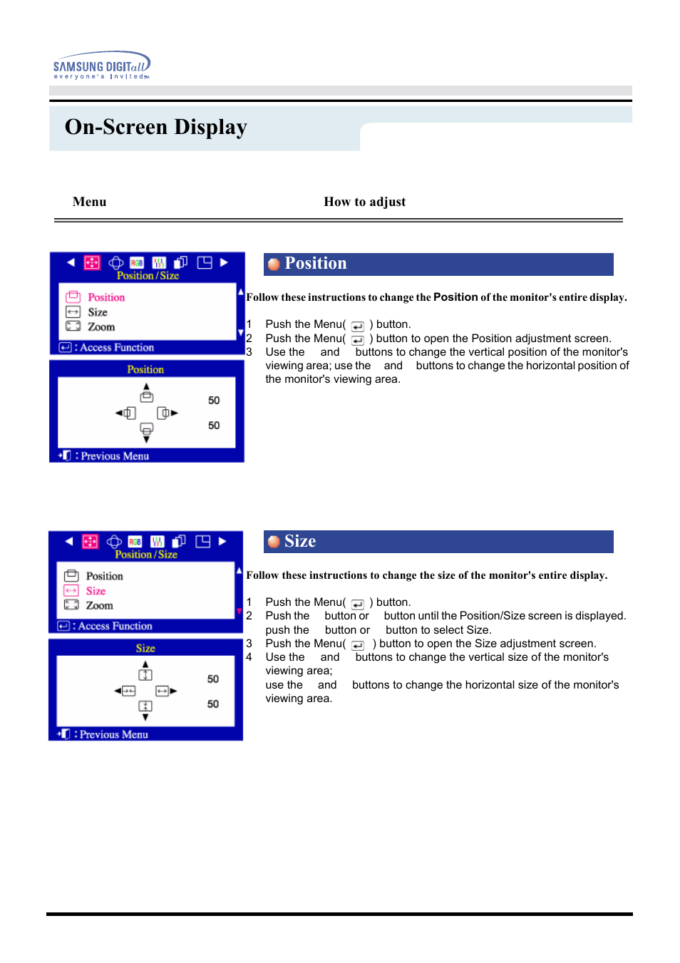 On-screen display, Position size, Menu | How to adjust | Samsung CF21MSBU-XBM User Manual | Page 25 / 58