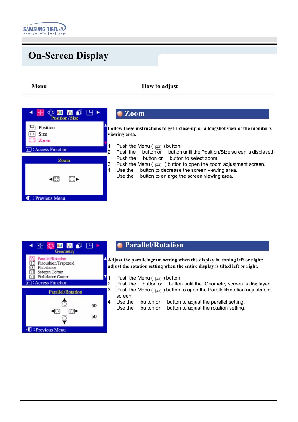 On-screen display, Zoom parallel/rotation, Menu | How to adjust | Samsung CF21MSBU-XBM User Manual | Page 26 / 58