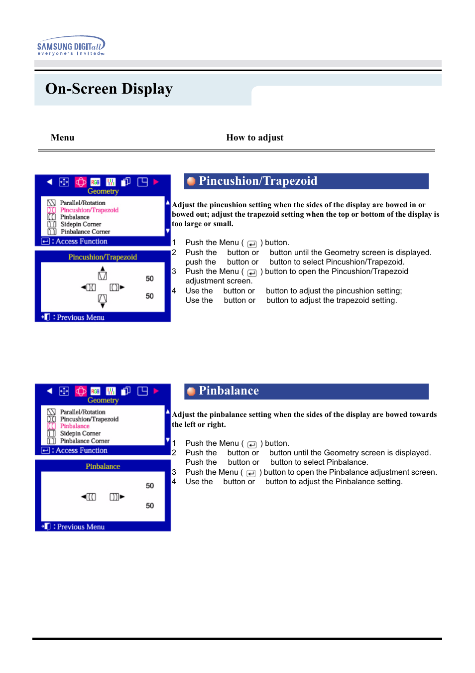 On-screen display, Pincushion/trapezoid pinbalance, Menu | How to adjust | Samsung CF21MSBU-XBM User Manual | Page 27 / 58