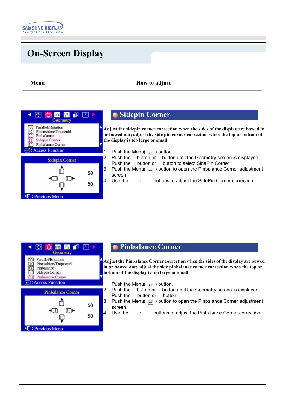 On-screen display, Sidepin corner pinbalance corner, Menu | How to adjust | Samsung CF21MSBU-XBM User Manual | Page 28 / 58