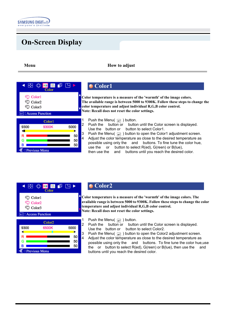 On-screen display, Color1 color2, Menu | How to adjust | Samsung CF21MSBU-XBM User Manual | Page 29 / 58