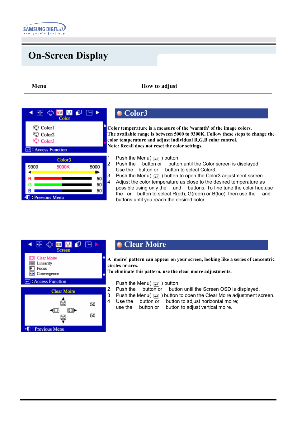 On-screen display, Color3 clear moire, Menu | How to adjust | Samsung CF21MSBU-XBM User Manual | Page 30 / 58