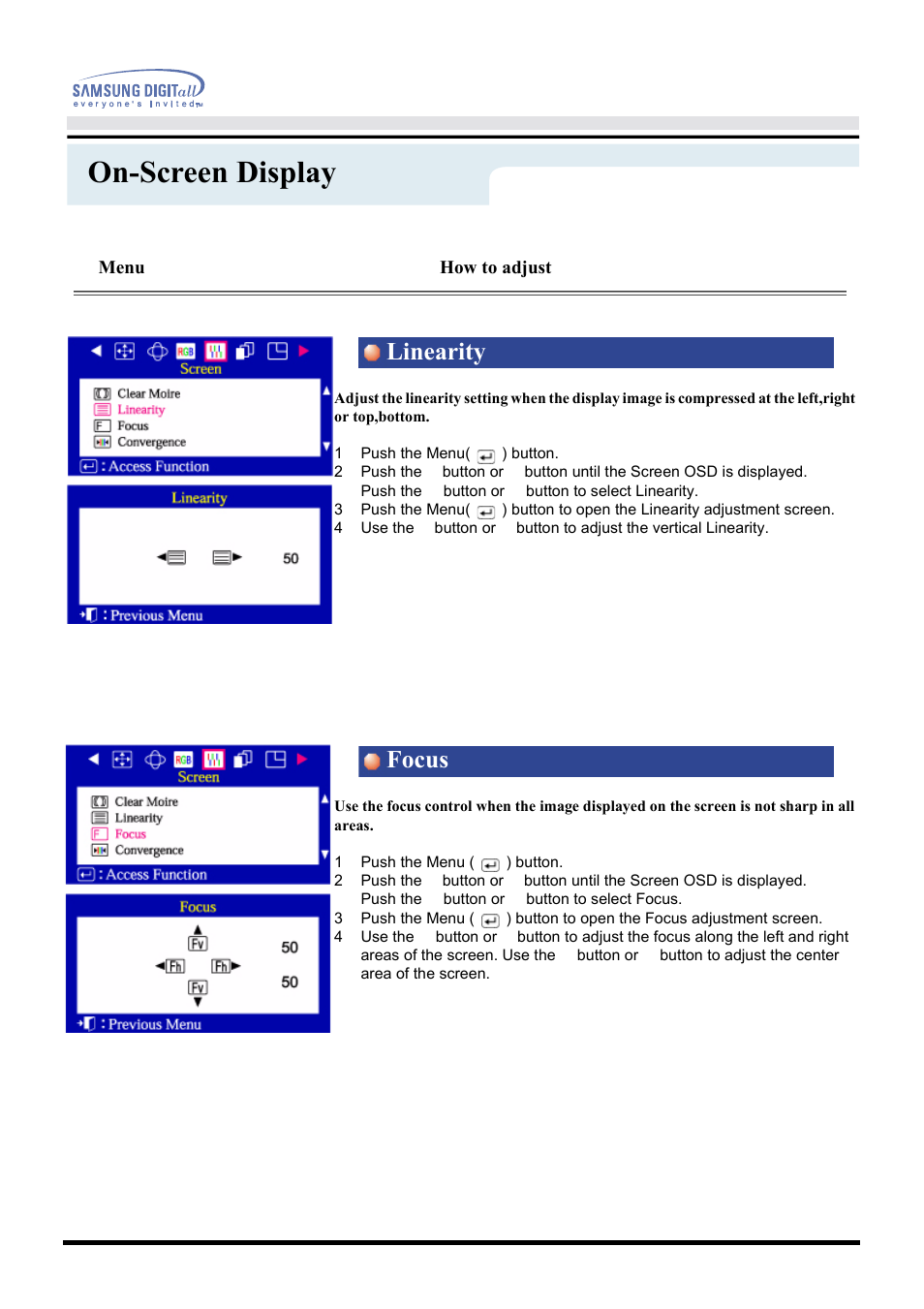 On-screen display, Linearity focus, Menu | How to adjust | Samsung CF21MSBU-XBM User Manual | Page 31 / 58