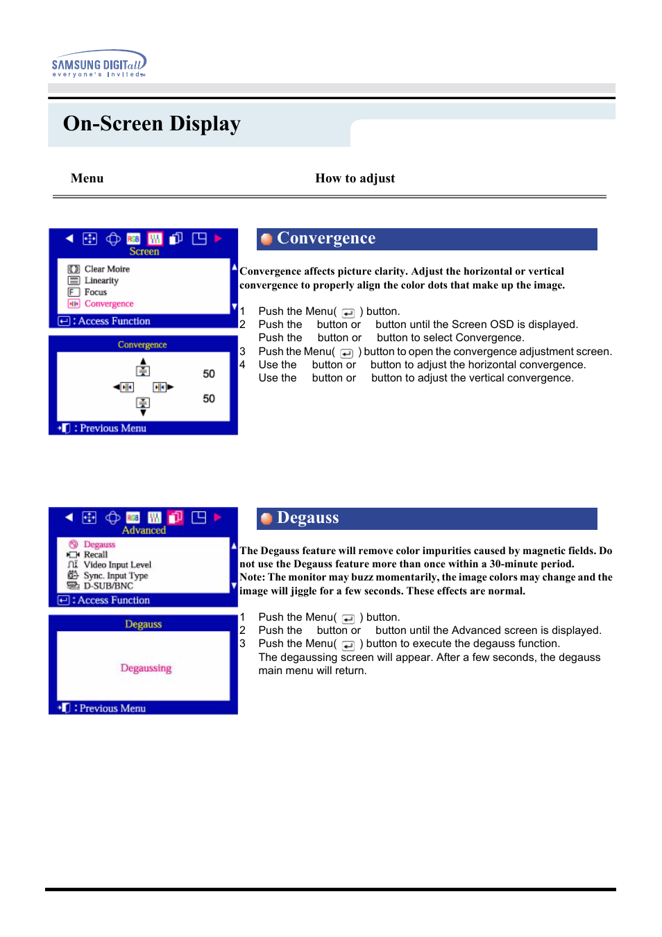 On-screen display, Convergence degauss, Menu | How to adjust | Samsung CF21MSBU-XBM User Manual | Page 32 / 58
