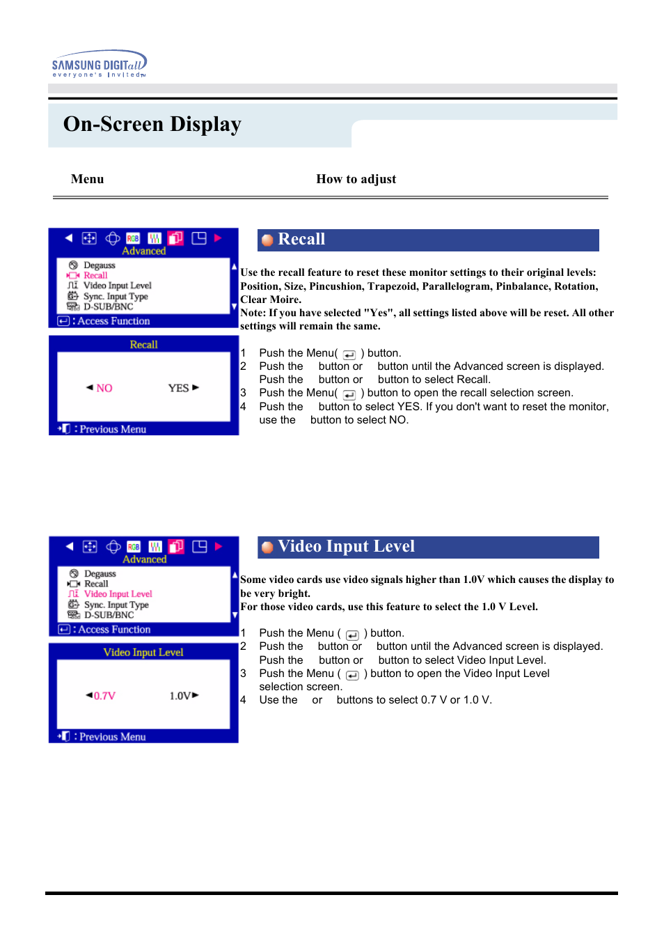 On-screen display, Recall video input level, Menu | How to adjust | Samsung CF21MSBU-XBM User Manual | Page 33 / 58