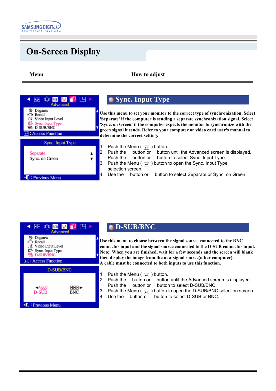 On-screen display, Sync. input type d-sub/bnc, Menu | How to adjust | Samsung CF21MSBU-XBM User Manual | Page 34 / 58