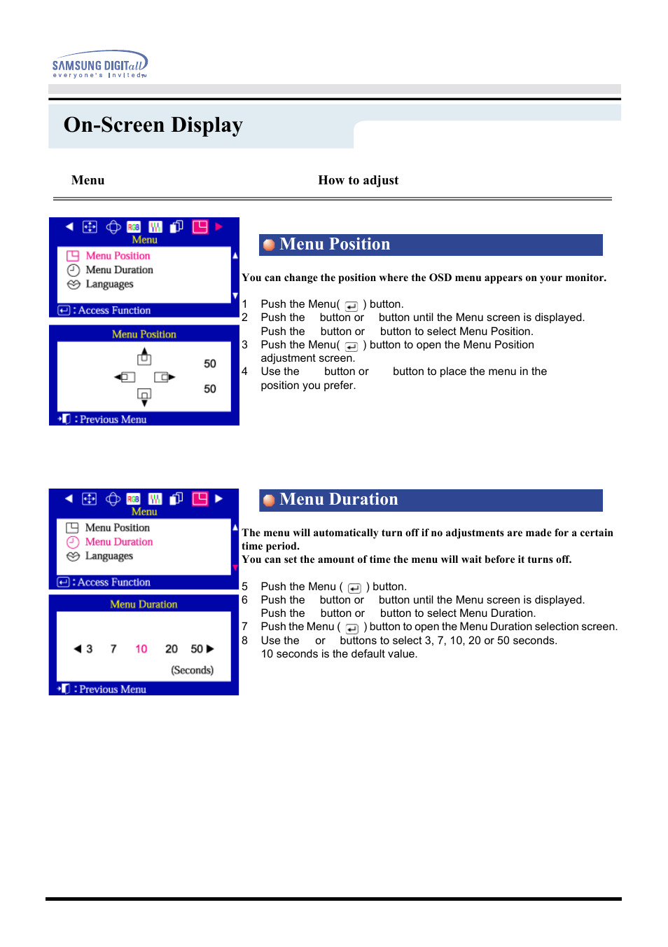 On-screen display, Menu position menu duration, Menu | How to adjust | Samsung CF21MSBU-XBM User Manual | Page 35 / 58