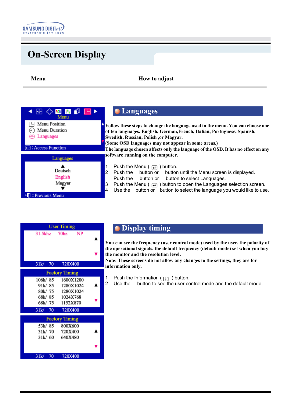 On-screen display, Languages display timing | Samsung CF21MSBU-XBM User Manual | Page 36 / 58
