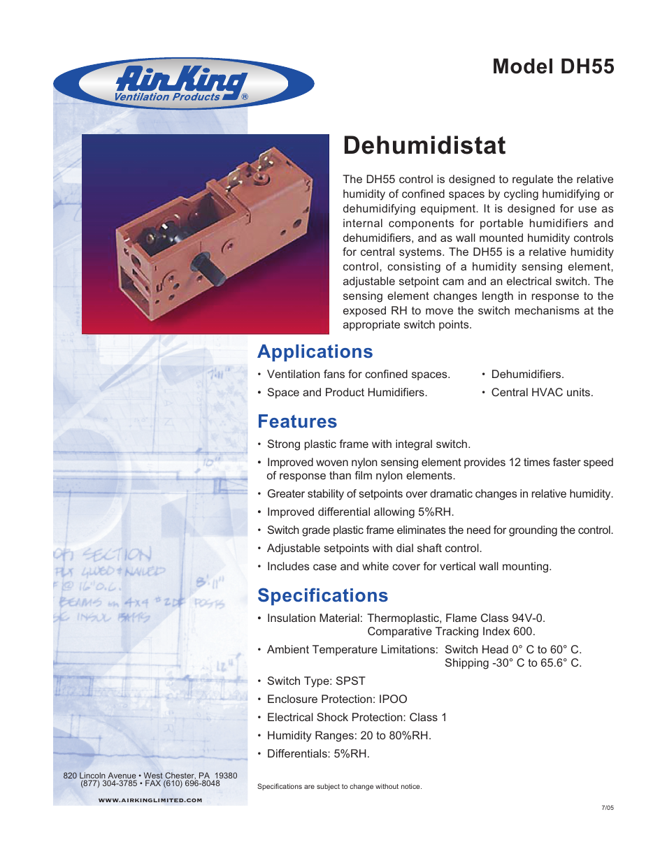 Air King Dehumidistat DH55 User Manual | 1 page