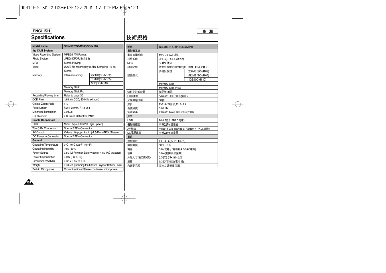 Specifications | Samsung SC-M105S-XAC User Manual | Page 124 / 128