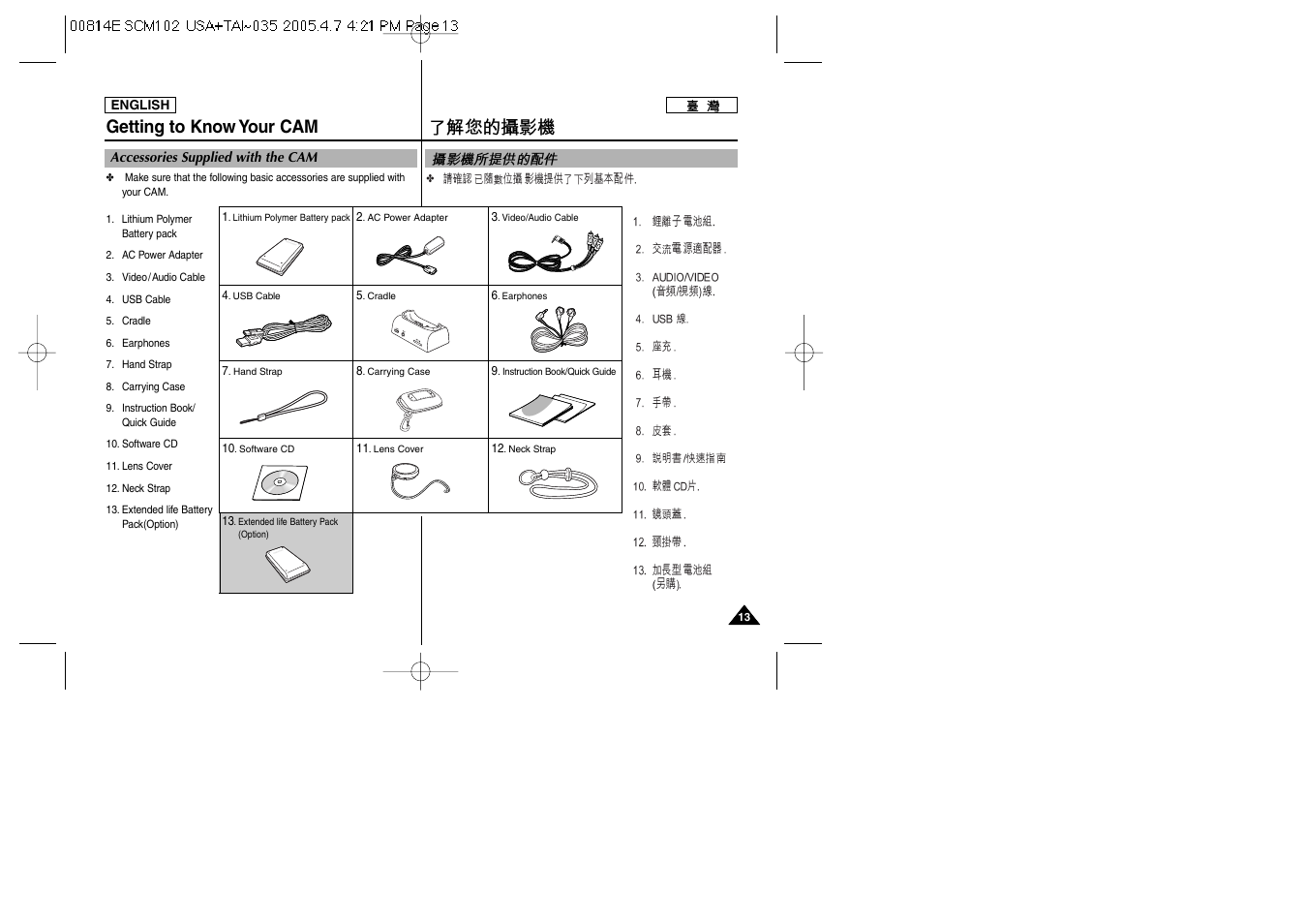 Getting to know your cam | Samsung SC-M105S-XAC User Manual | Page 13 / 128