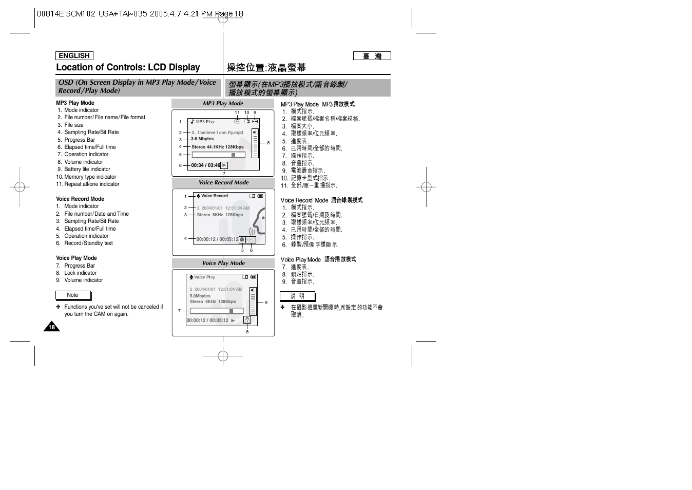 Location of controls: lcd display | Samsung SC-M105S-XAC User Manual | Page 18 / 128