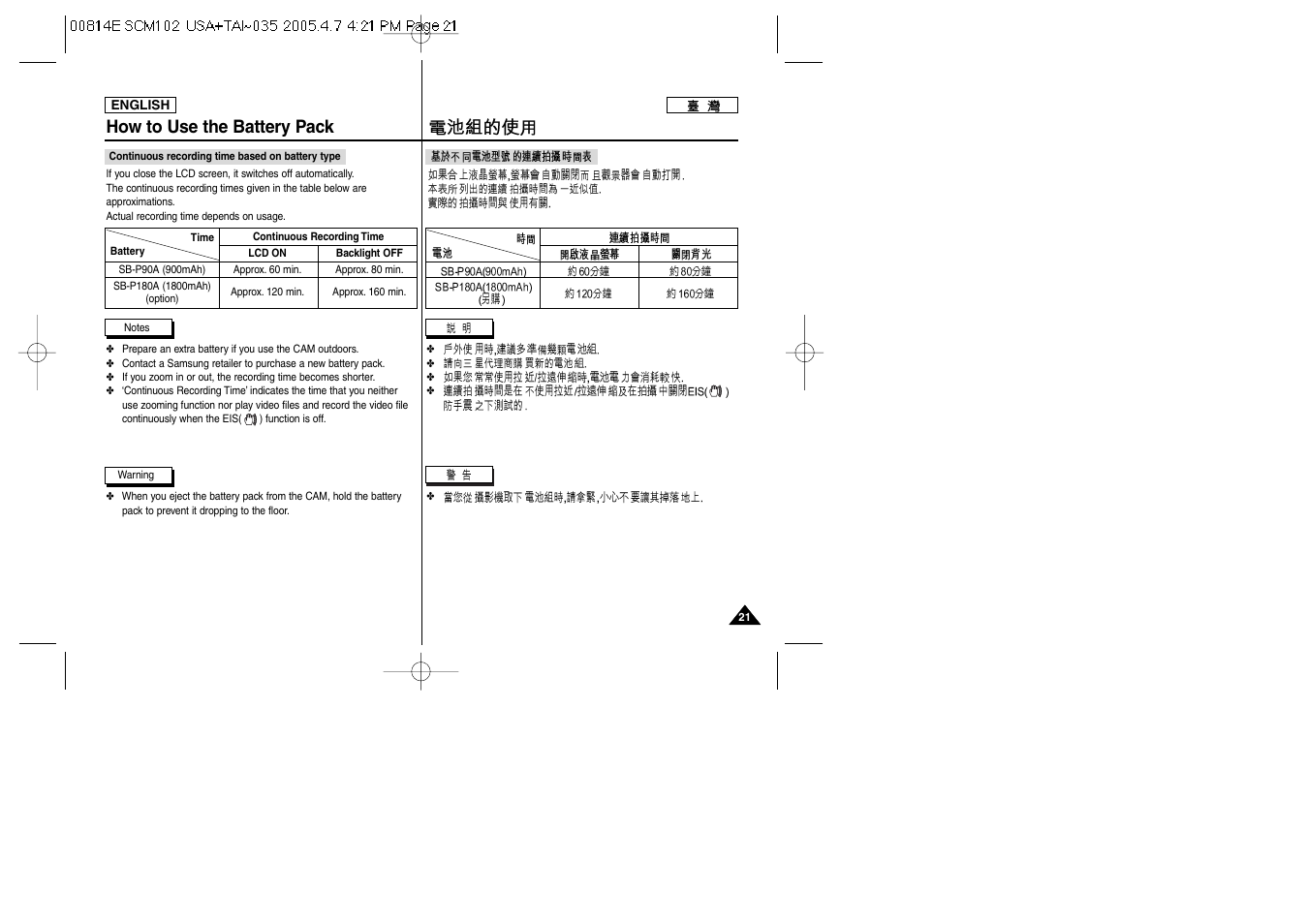 How to use the battery pack | Samsung SC-M105S-XAC User Manual | Page 21 / 128