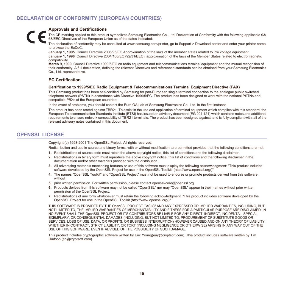 Declaration of conformity (european countries), Openssl license | Samsung SCX-6555N-XBG User Manual | Page 10 / 175
