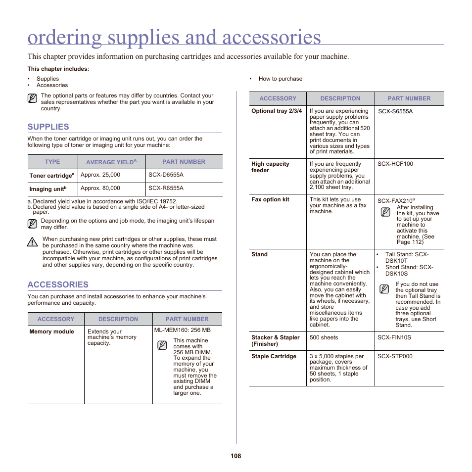 Ordering supplies and accessories, Supplies, Accessories | 108 supplies 108 accessories | Samsung SCX-6555N-XBG User Manual | Page 108 / 175