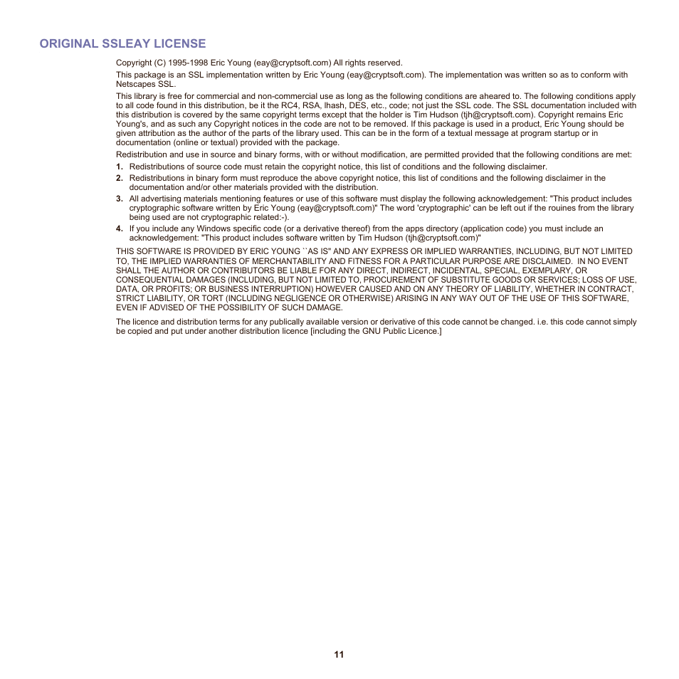 Original ssleay license | Samsung SCX-6555N-XBG User Manual | Page 11 / 175
