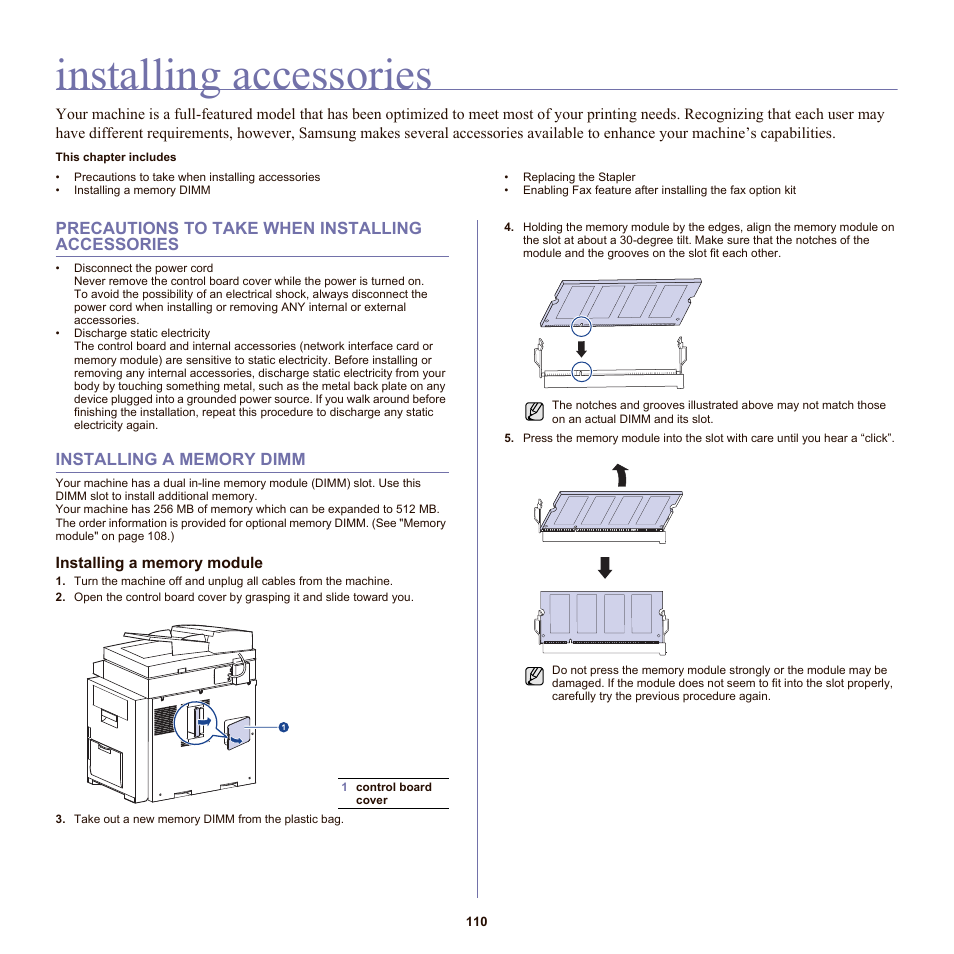 Installing accessories, Precautions to take when installing accessories, Installing a memory dimm | Installing a memory module | Samsung SCX-6555N-XBG User Manual | Page 110 / 175