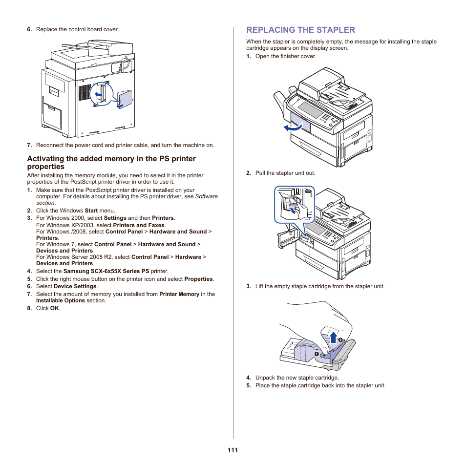 Replacing the stapler, 111 replacing the stapler | Samsung SCX-6555N-XBG User Manual | Page 111 / 175