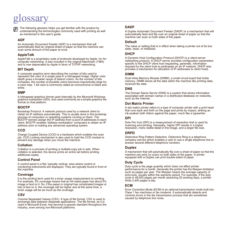 Glossary | Samsung SCX-6555N-XBG User Manual | Page 115 / 175