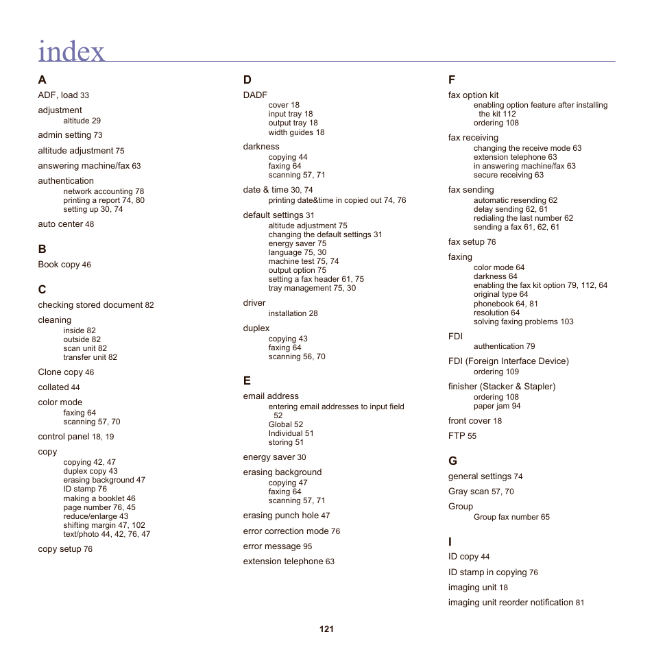 Index | Samsung SCX-6555N-XBG User Manual | Page 121 / 175