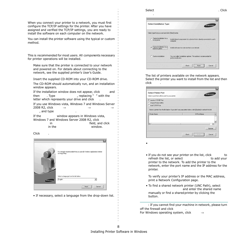 Installing software for network printing | Samsung SCX-6555N-XBG User Manual | Page 134 / 175