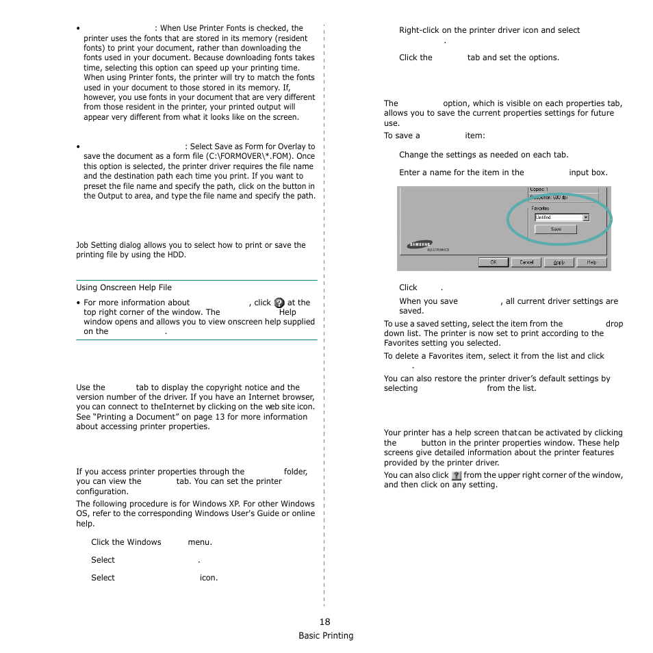 About tab, Printer tab, Using a favorite setting | Using help | Samsung SCX-6555N-XBG User Manual | Page 144 / 175