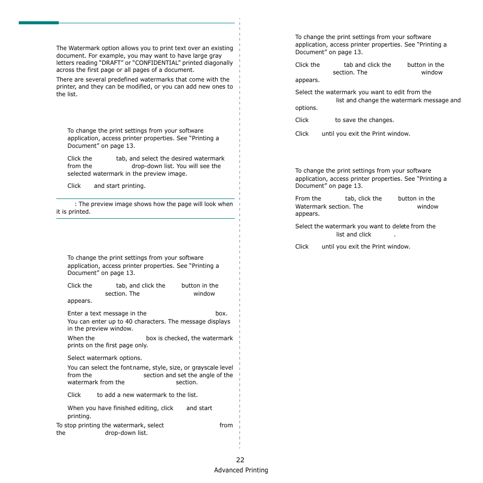 Using watermarks, Using an existing watermark, Creating a watermark | Editing a watermark, Deleting a watermark | Samsung SCX-6555N-XBG User Manual | Page 148 / 175