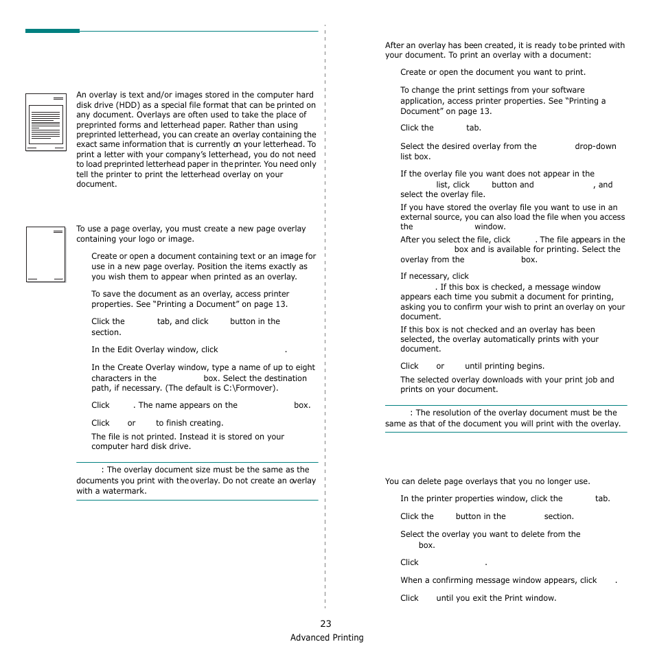 Using overlays, What is an overlay, Creating a new page overlay | Using a page overlay, Deleting a page overlay | Samsung SCX-6555N-XBG User Manual | Page 149 / 175