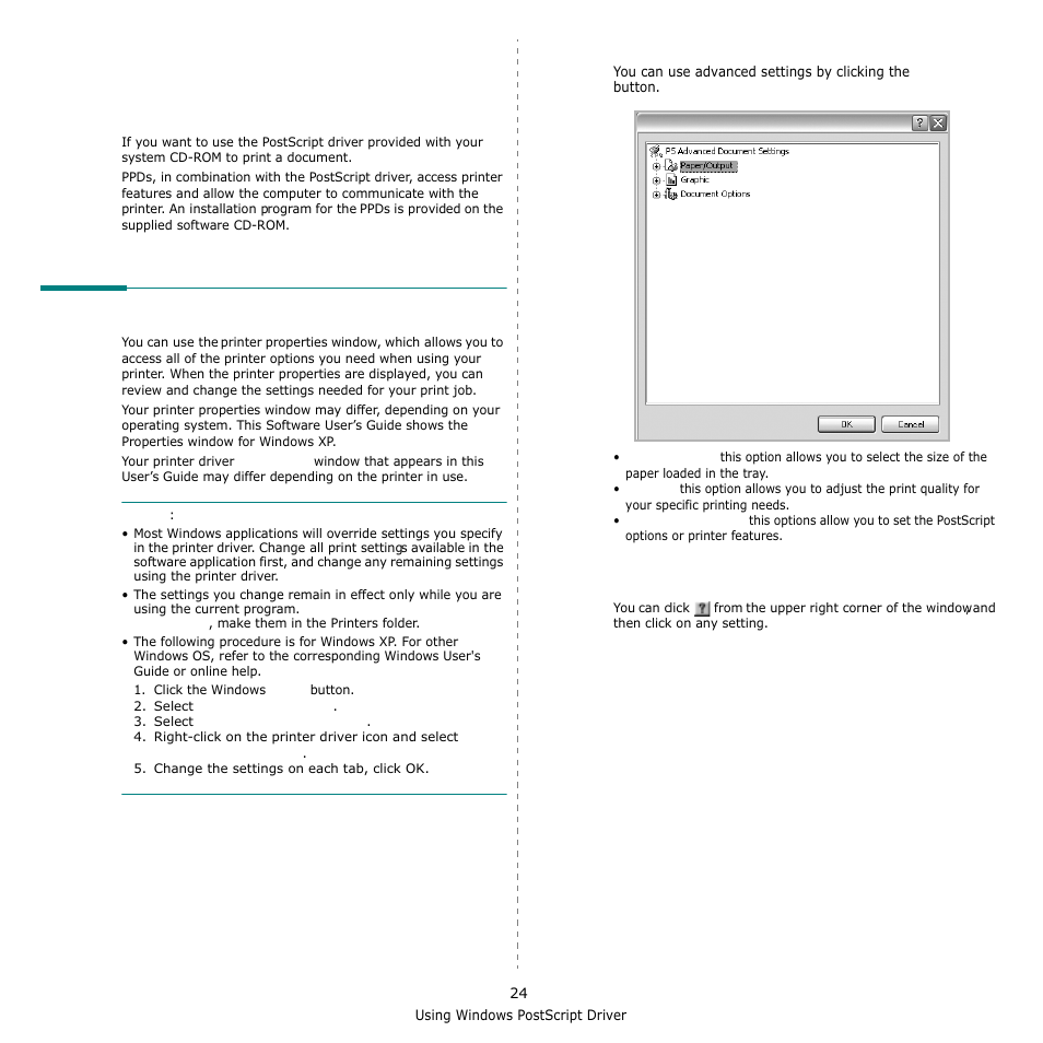 Using windows postscript driver, Printer settings, Advanced | Using help, Advanced using help | Samsung SCX-6555N-XBG User Manual | Page 150 / 175